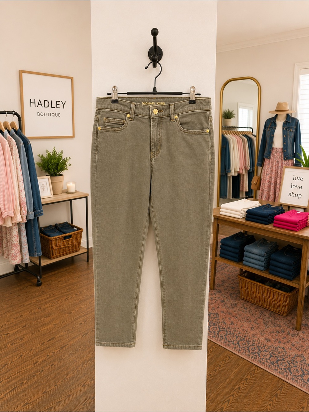Michael Kors Olive Straight-Leg Jeans with Gold Hardware